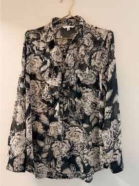 CAbi Black & White Floral Ruffle Blouse